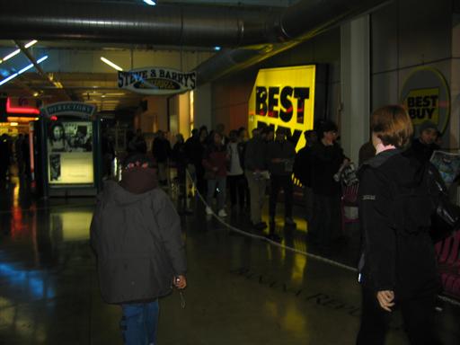 Hundreds of customers wait outside of the Palisades Center Best Buy as if it were a popular club such as Studio 54, except Best Buy is way lamer than Studio 54. (11/26/2004, Photo Credit: Pete U.)